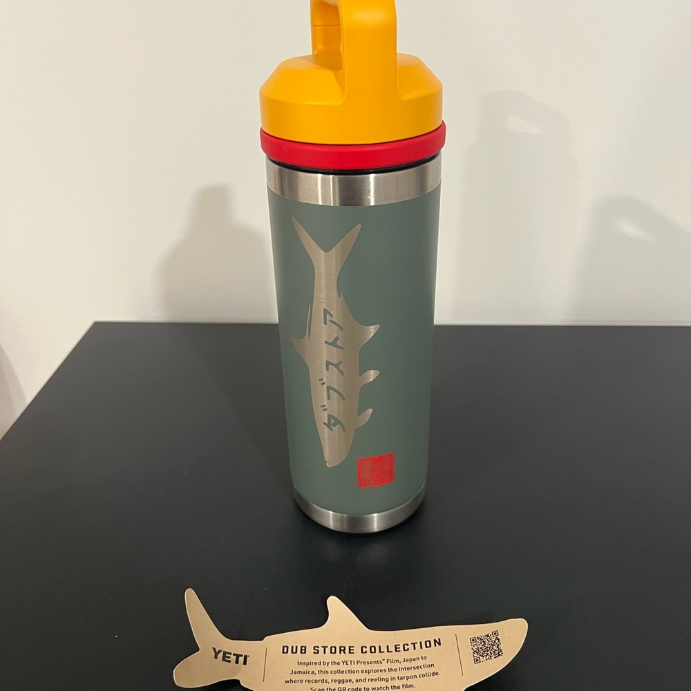 Yeti Olive Green Tumbler with Yellow Lid and Red Trim